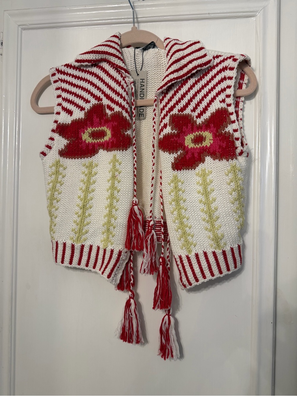 Anthropologie Red & White Floral Knit Vest with Tassels